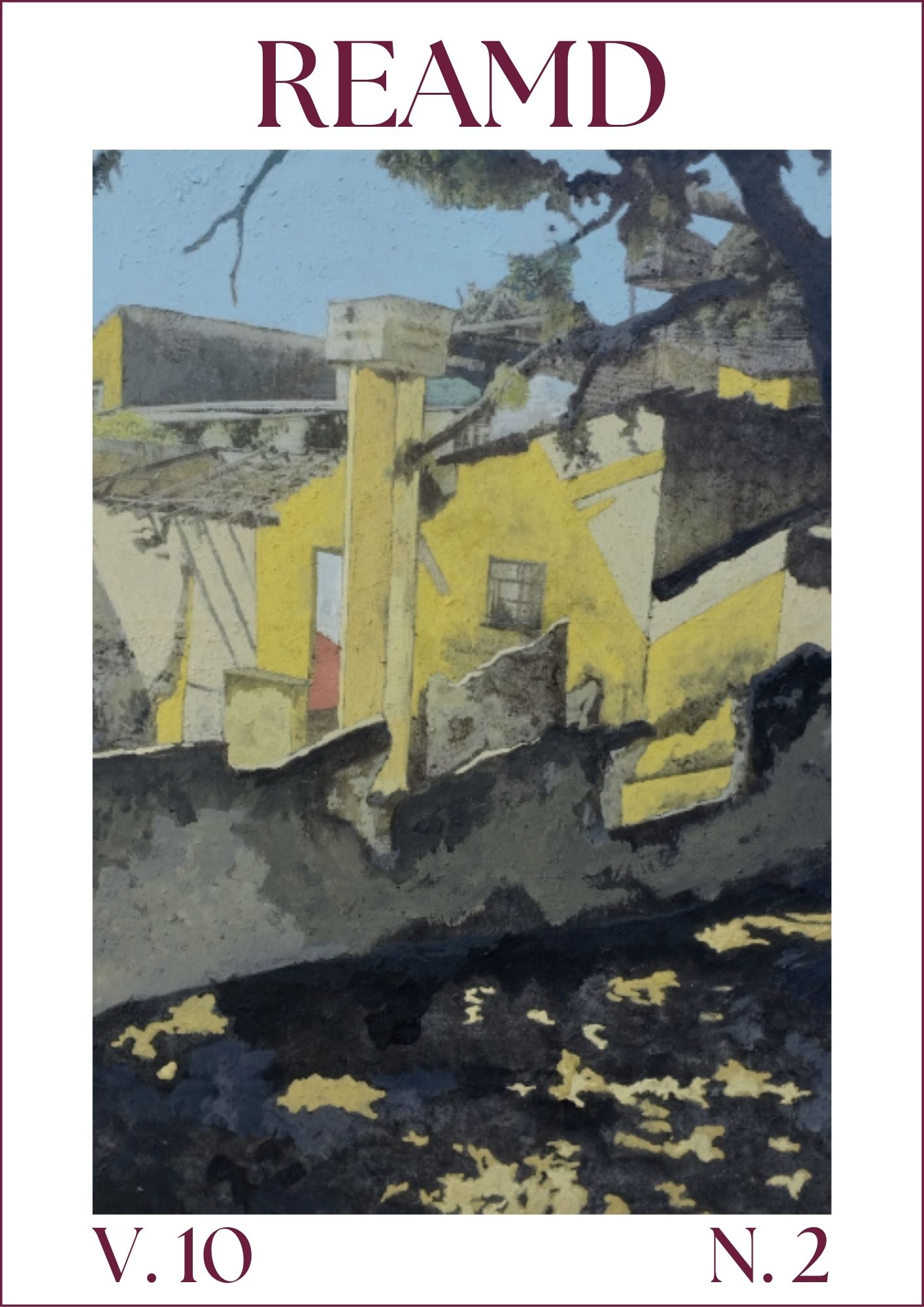 Capa do Volume 10, número 2, com a obra Lapidarium, da série Lapidarium, de Hortência Moreira. A imagem apresenta uma paisagem urbana com uma casa parcialmente destruída em tons de amarelo e branco, ao lado de uma calçada escura. Árvores e construções ao fundo compõem a cena, marcada por contrastes entre luz e sombra. Técnica: colagem e técnica mista de pintura sobre tela. Dimensão: 50 × 50 cm. Ano: 2024.